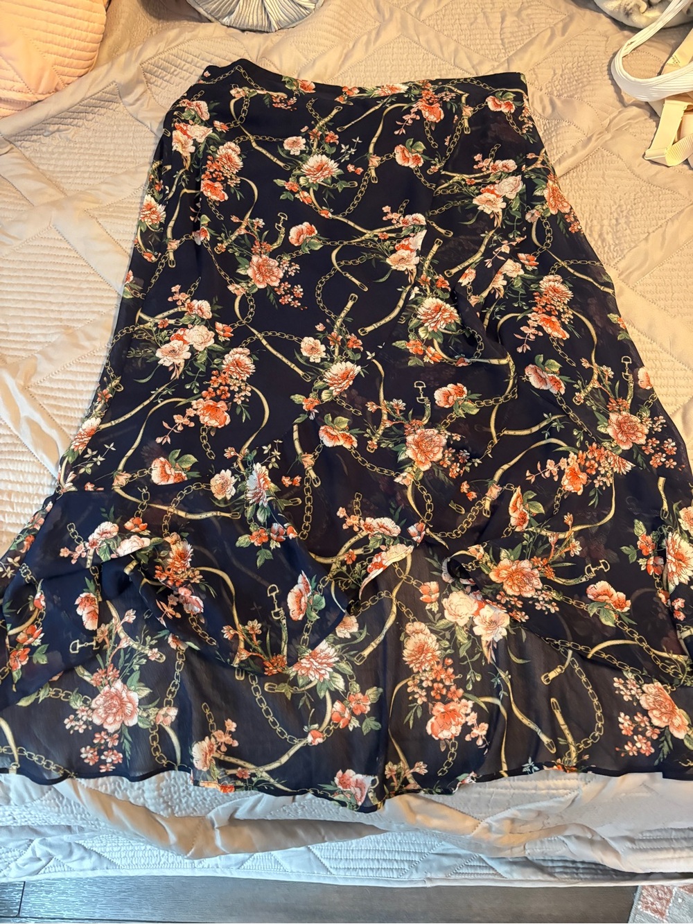 Sara Michelle Navy Maxi Skirt with Peach Floral & Chain Print